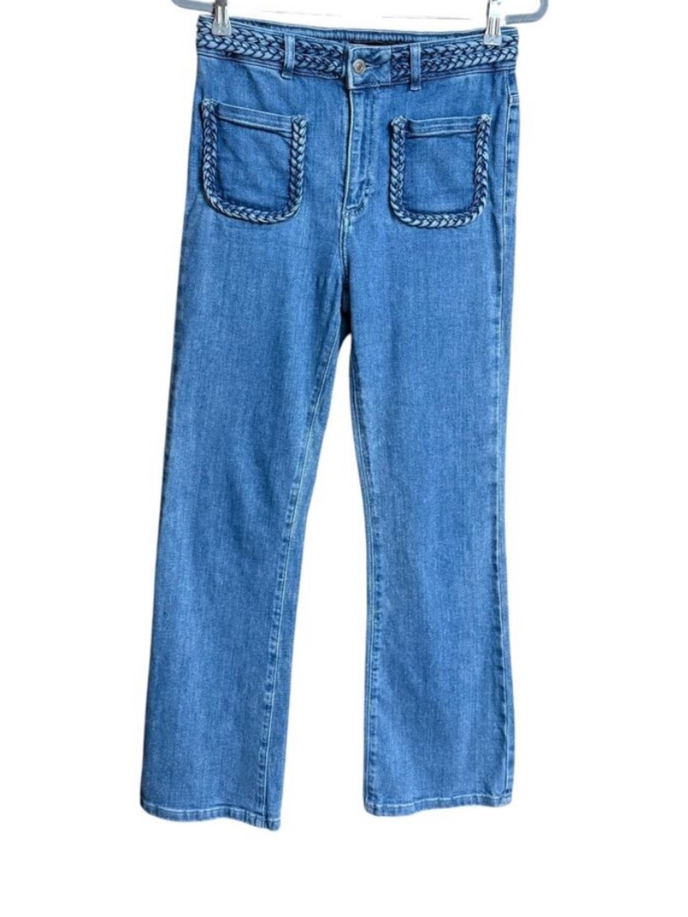 Maje Blue Braided-Trim High-Rise Jeans